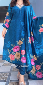 Floral Hand Work KitKat Silk Kurti Pant Dupatta Set