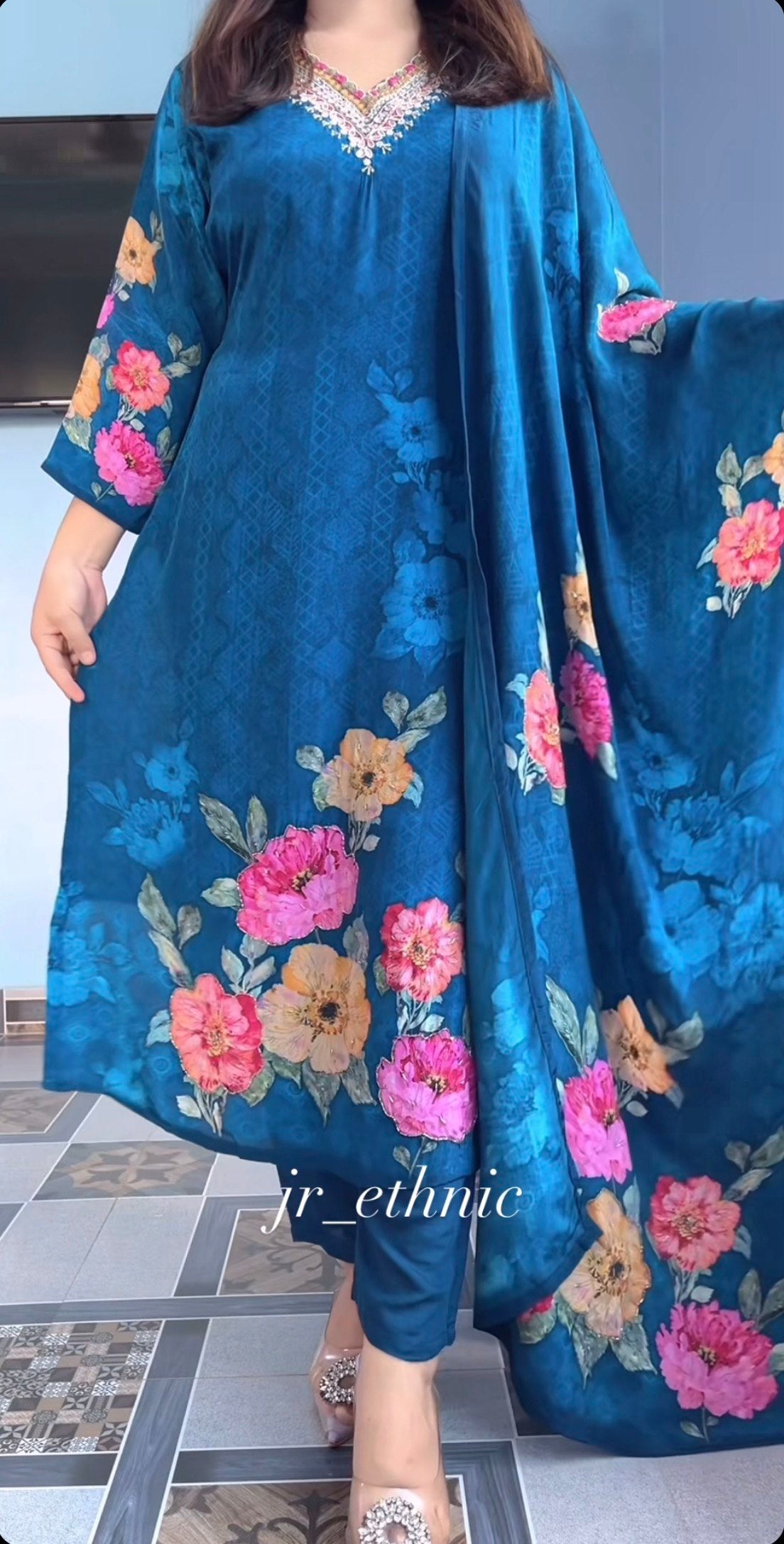 Floral Hand Work KitKat Silk Kurti Pant Dupatta Set