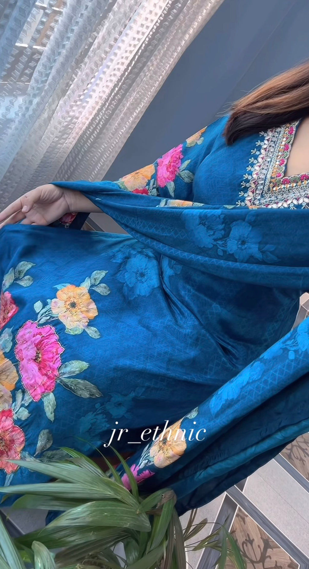 Floral Hand Work KitKat Silk Kurti Pant Dupatta Set