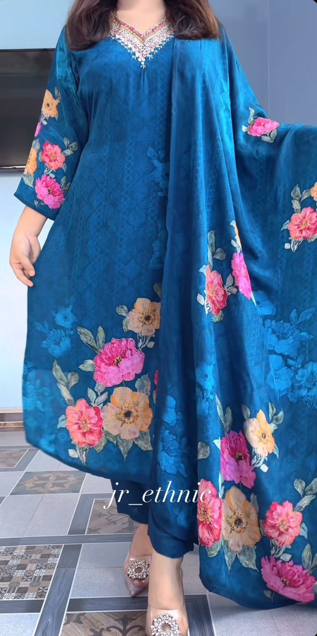 Floral Hand Work KitKat Silk Kurti Pant Dupatta Set