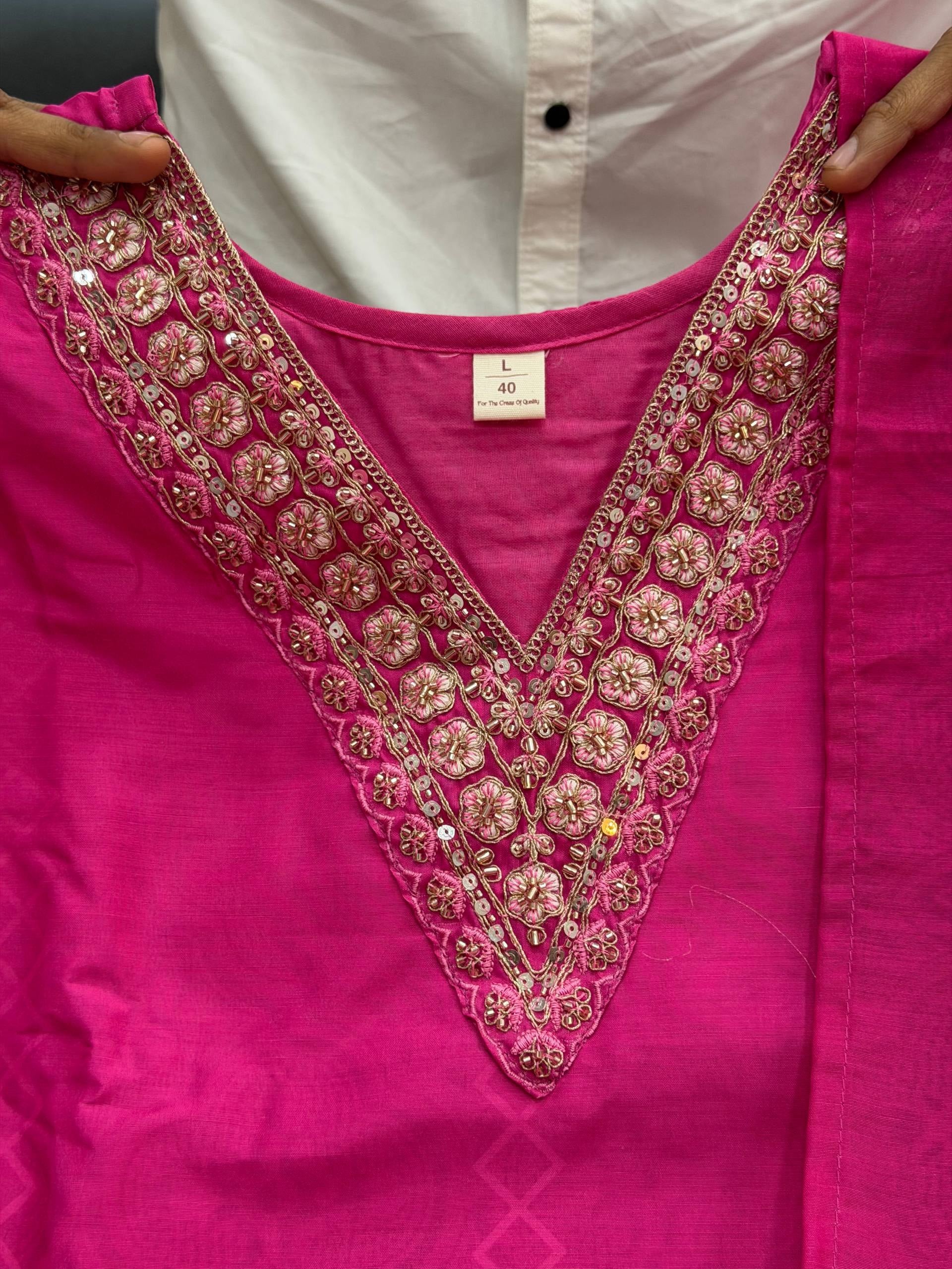 Floral Hand Work KitKat Silk Kurti Pant Dupatta Set