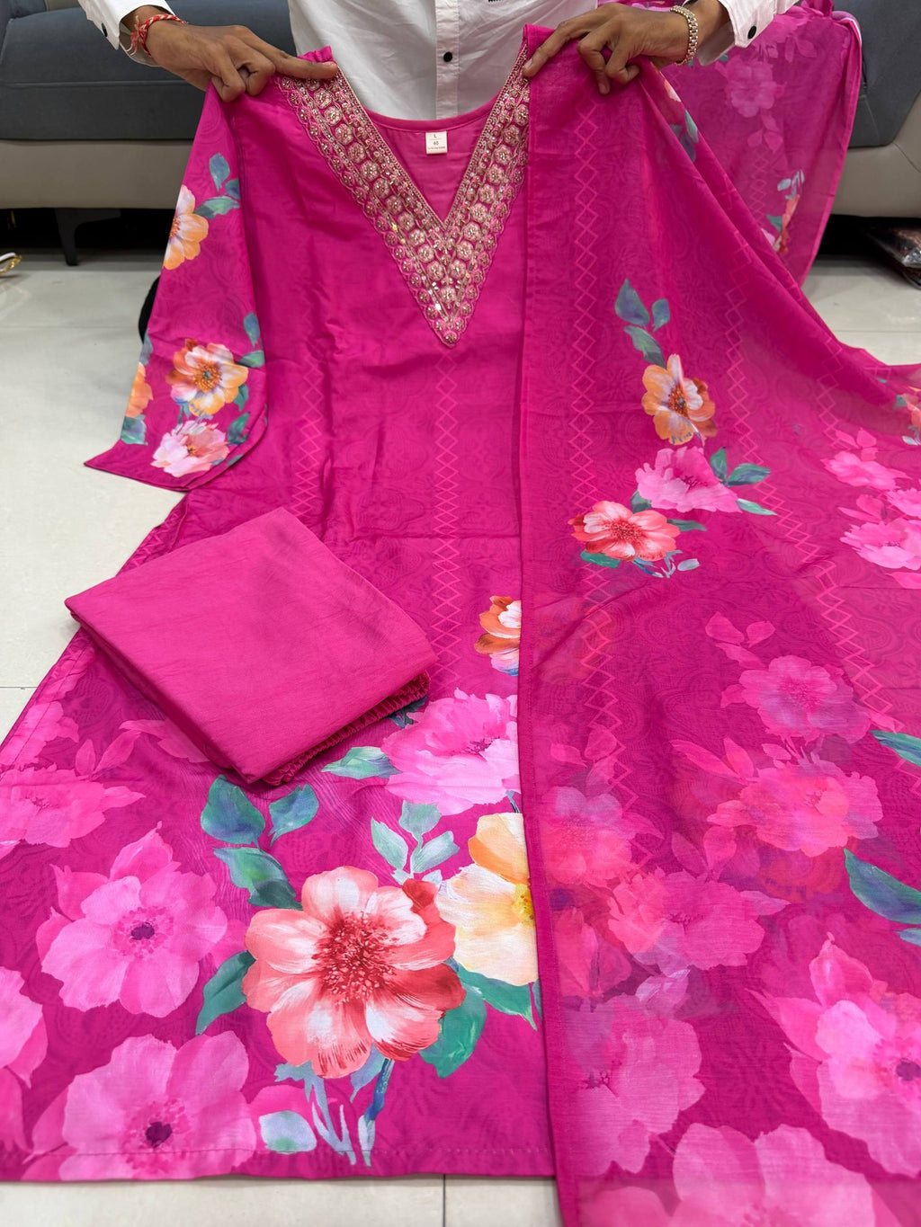 Floral Hand Work KitKat Silk Kurti Pant Dupatta Set