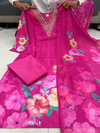 Floral Hand Work KitKat Silk Kurti Pant Dupatta Set
