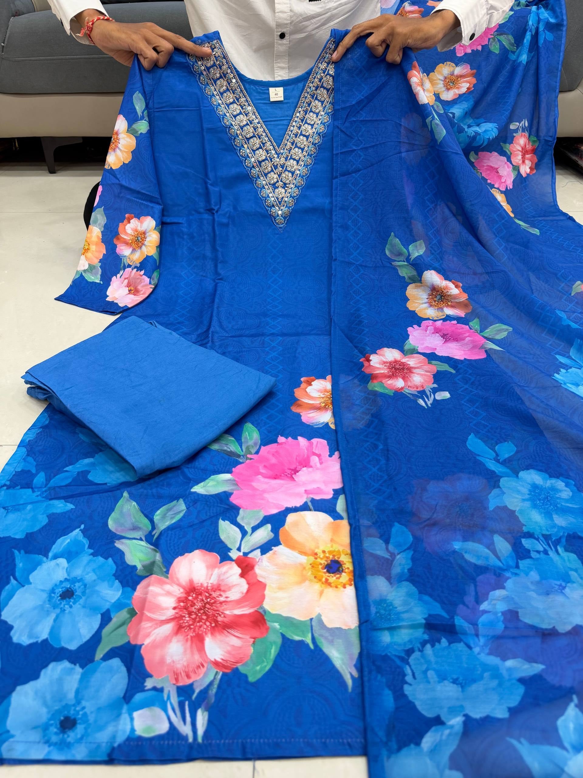Floral Hand Work KitKat Silk Kurti Pant Dupatta Set