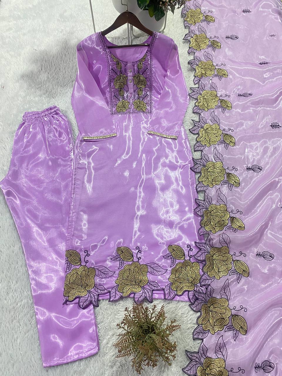 Embroidered Cut Work Suit Set for Women | Jimmy Choo Kurta Pant with Dupatta