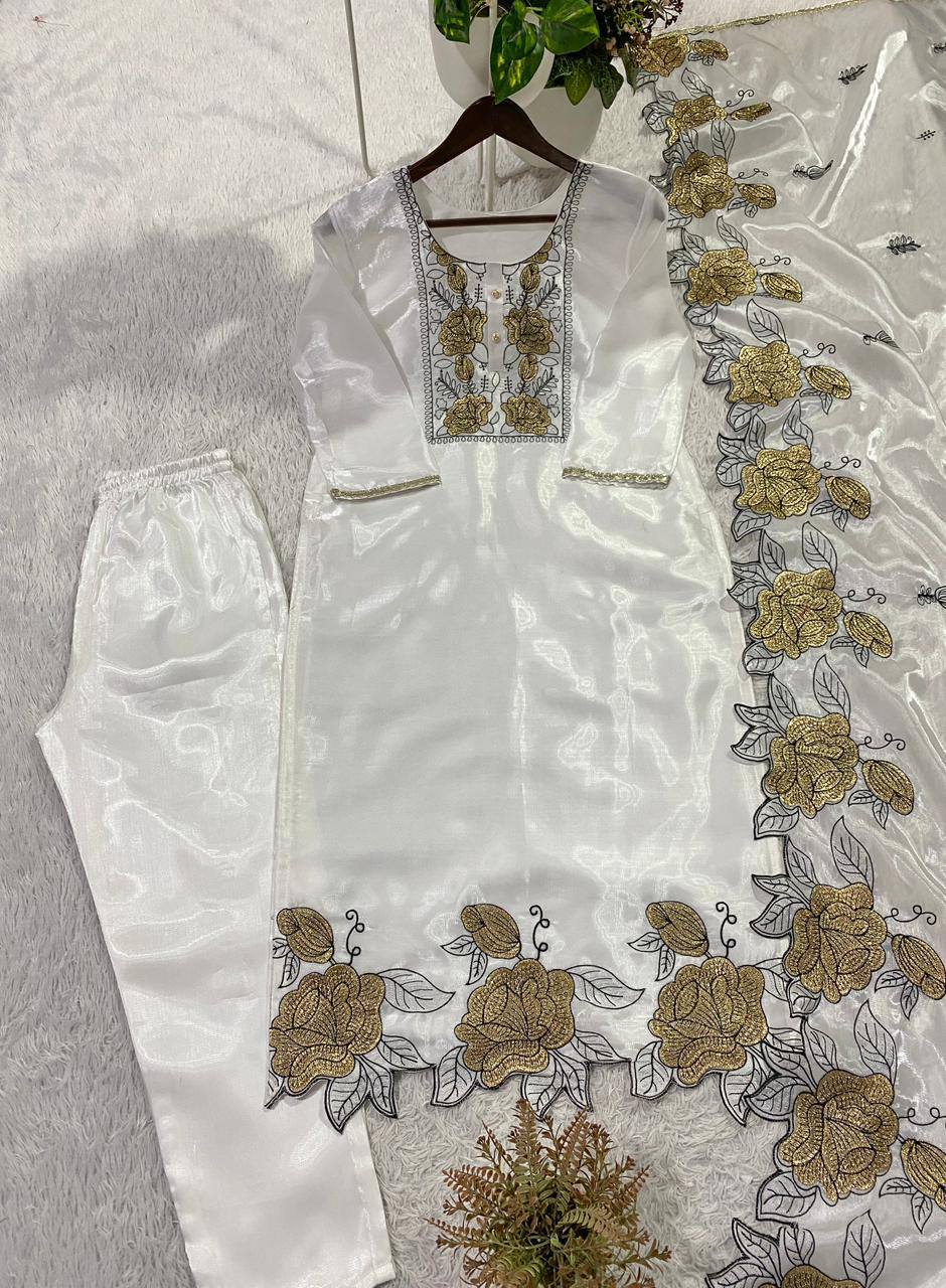 Embroidered Cut Work Suit Set for Women | Jimmy Choo Kurta Pant with Dupatta