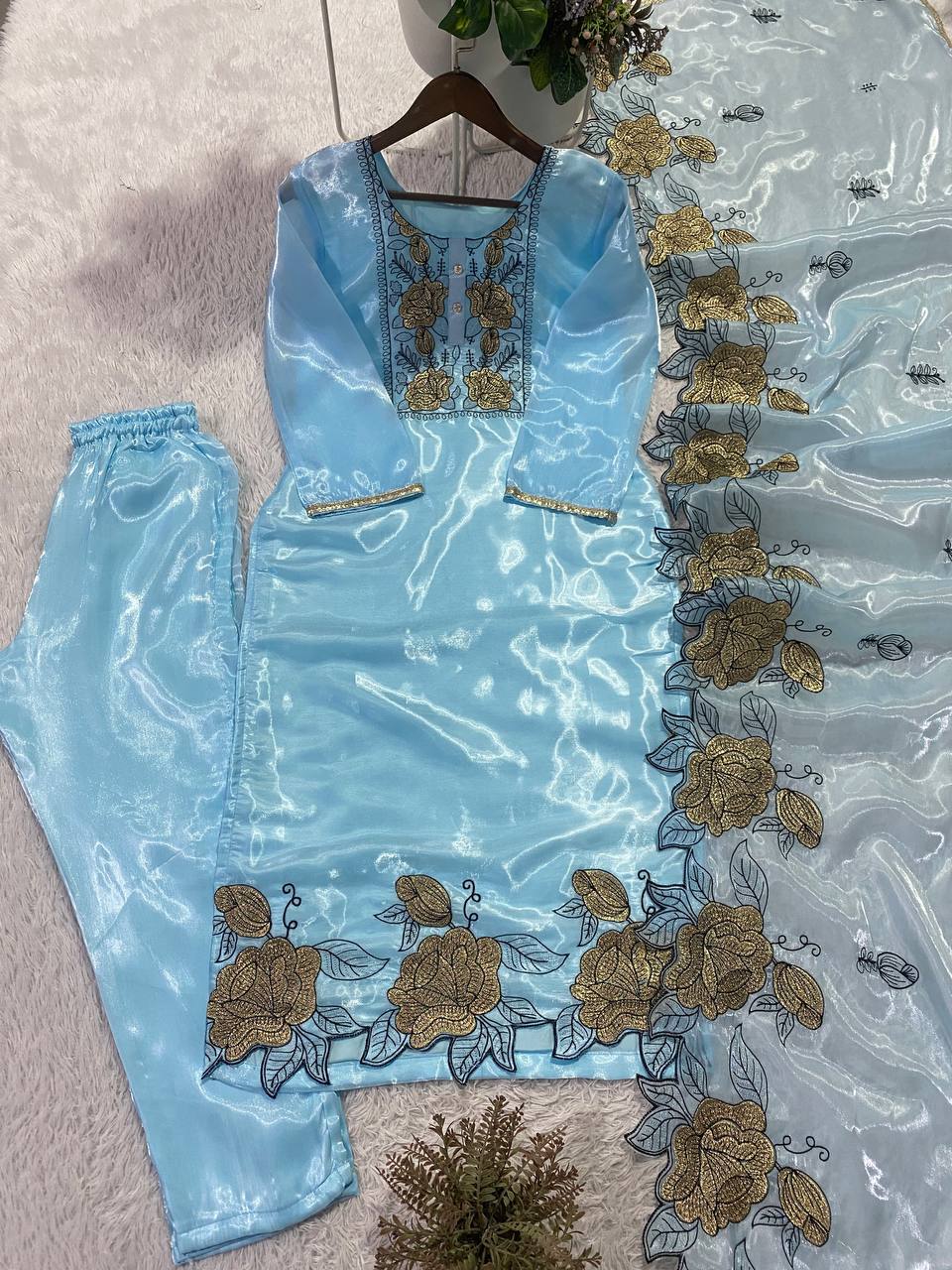 Embroidered Cut Work Suit Set for Women | Jimmy Choo Kurta Pant with Dupatta