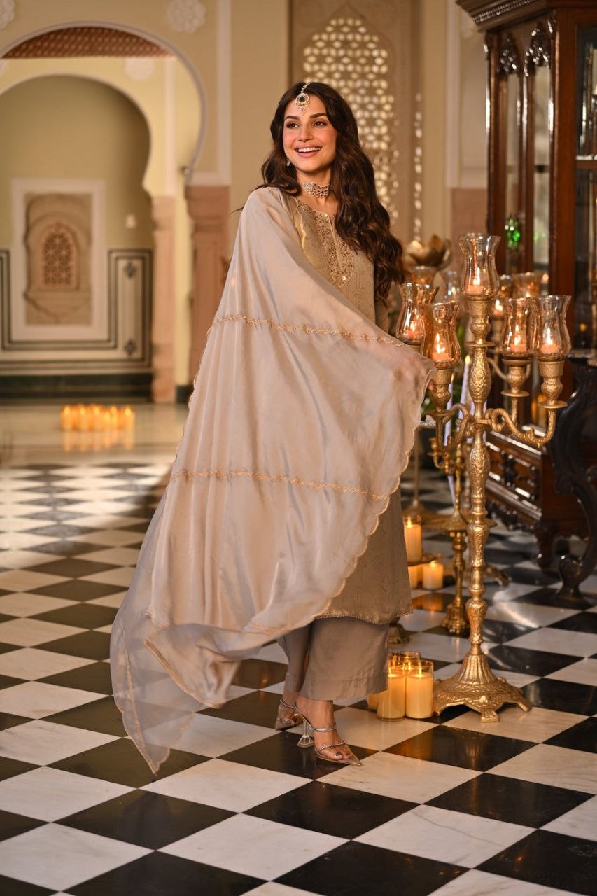 Silk Embroidered Kurti Set with Pant & Dupatta for Women