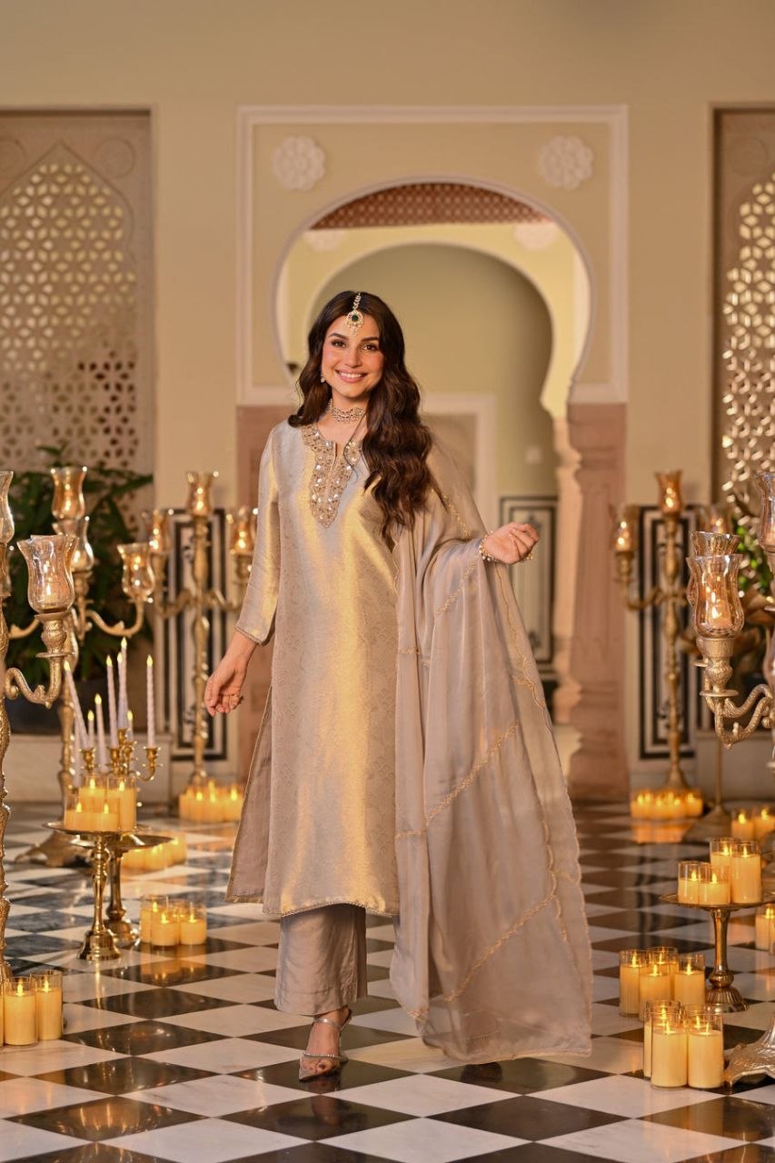 Silk Embroidered Kurti Set with Pant & Dupatta for Women
