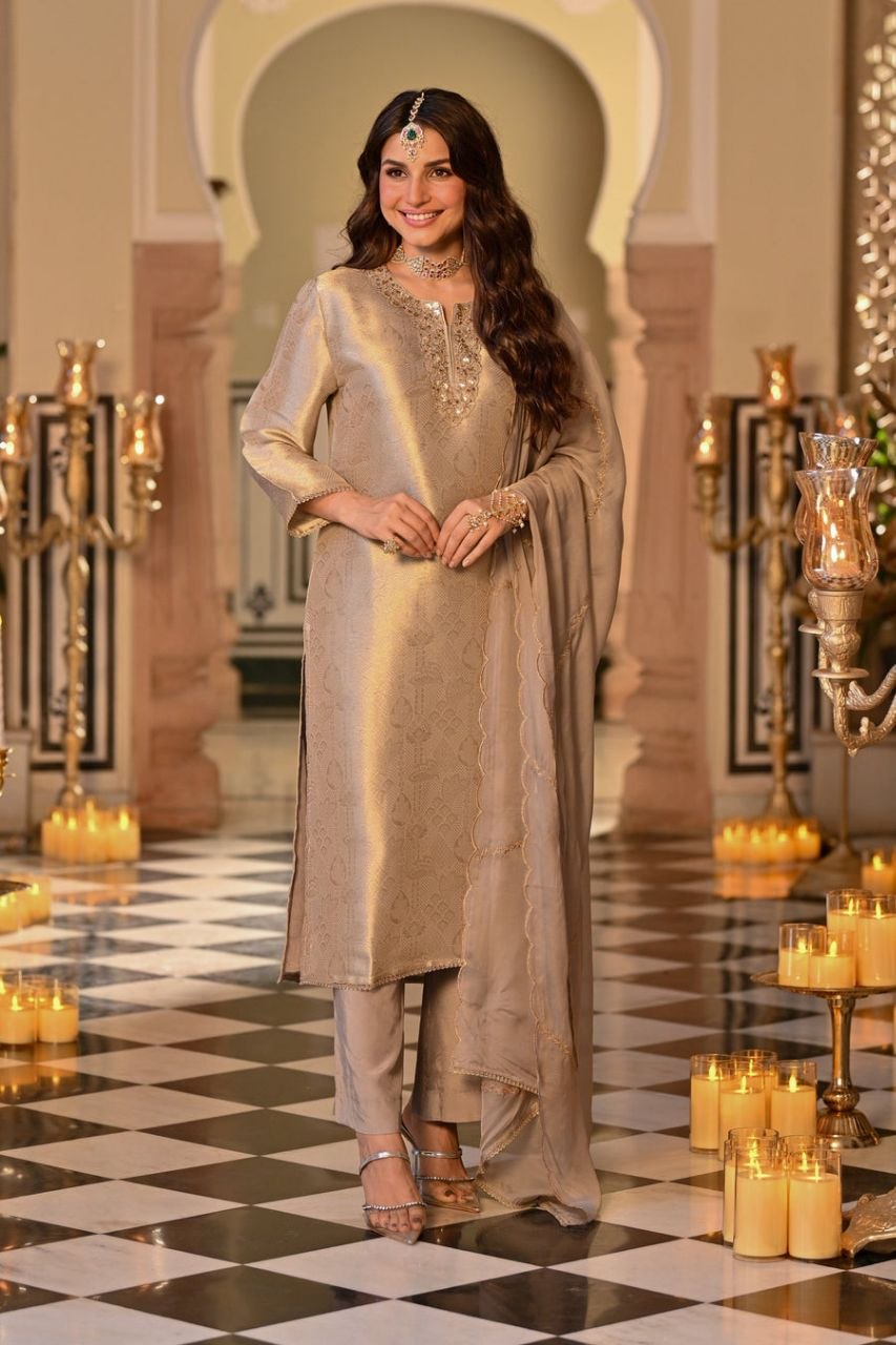 Silk Embroidered Kurti Set with Pant & Dupatta for Women
