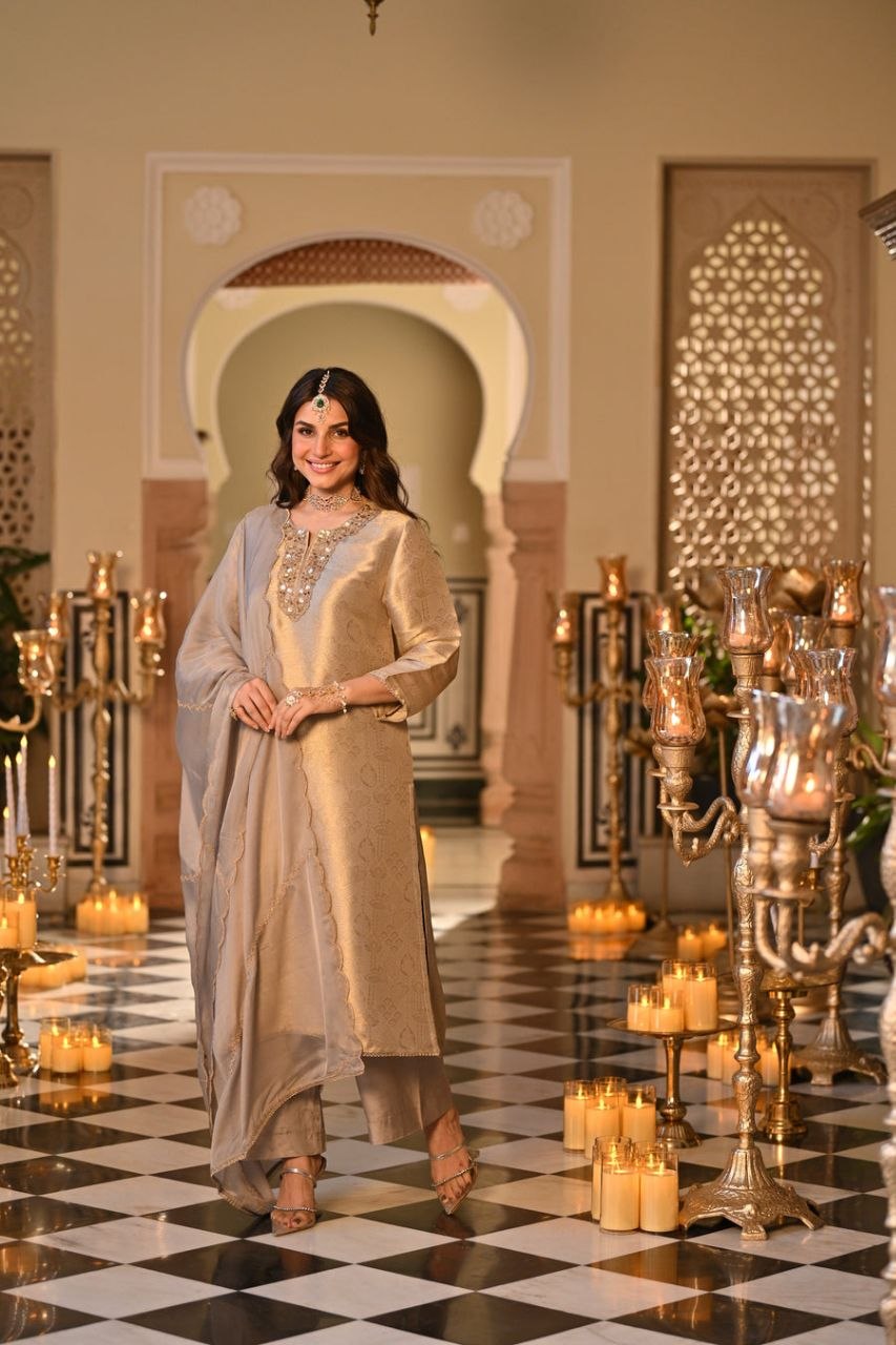 Silk Embroidered Kurti Set with Pant & Dupatta for Women