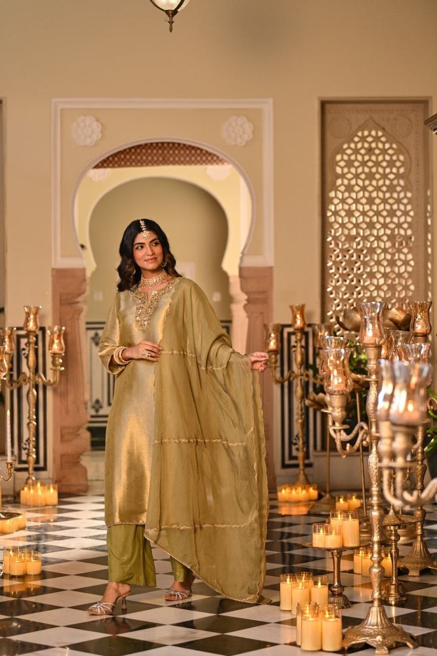 Silk Embroidered Kurti Set with Pant & Dupatta for Women