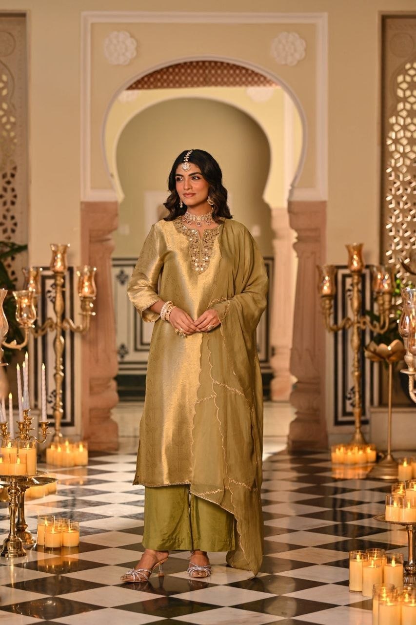 Silk Embroidered Kurti Set with Pant & Dupatta for Women