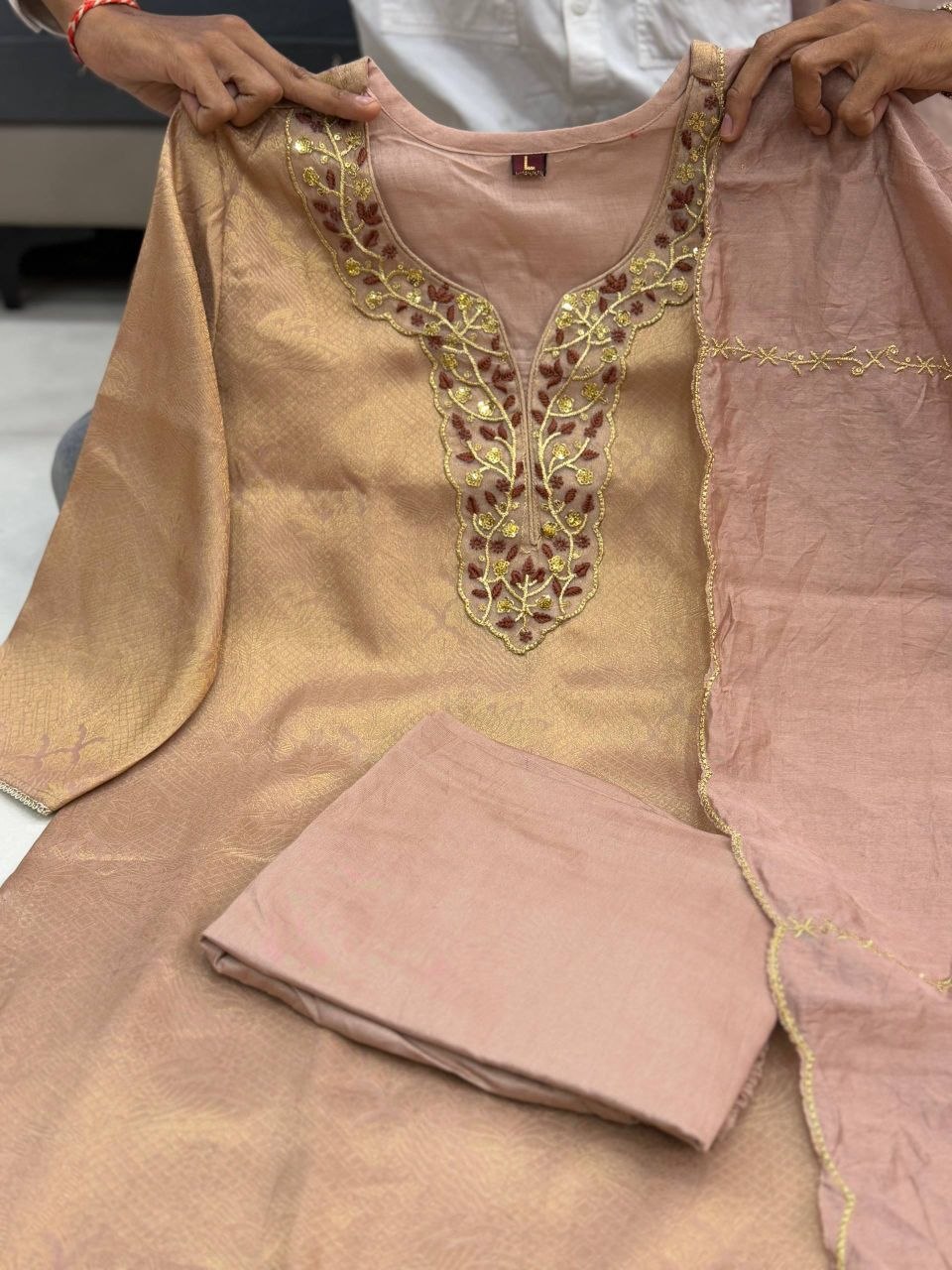 Silk Embroidered Kurti Set with Pant & Dupatta for Women