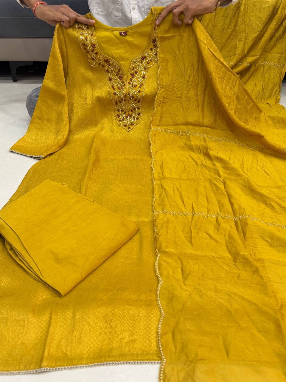 Silk Embroidered Kurti Set with Pant & Dupatta for Women
