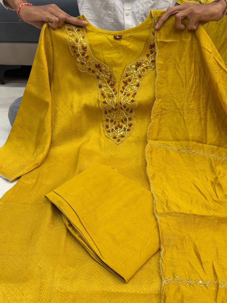 Silk Embroidered Kurti Set with Pant & Dupatta for Women