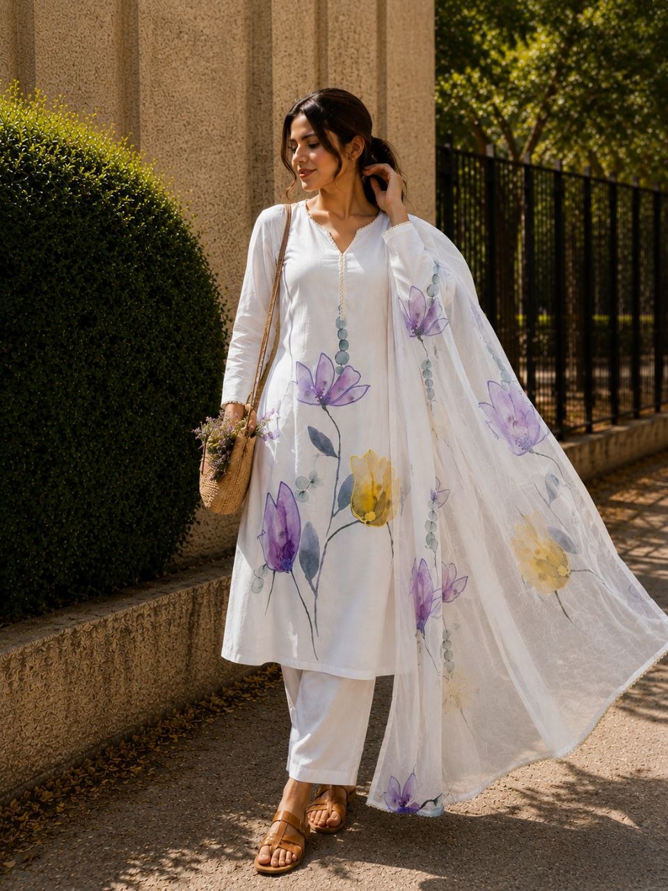 Pure Mul Mul Lilan Kurti Set with Pant & Dupatta .Handwork Ethnic Wear for Women