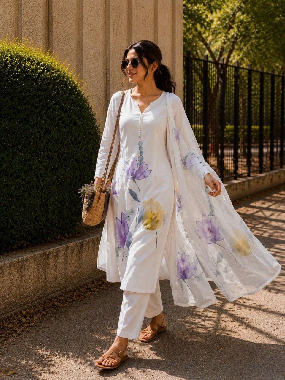 Pure Mul Mul Lilan Kurti Set with Pant & Dupatta .Handwork Ethnic Wear for Women