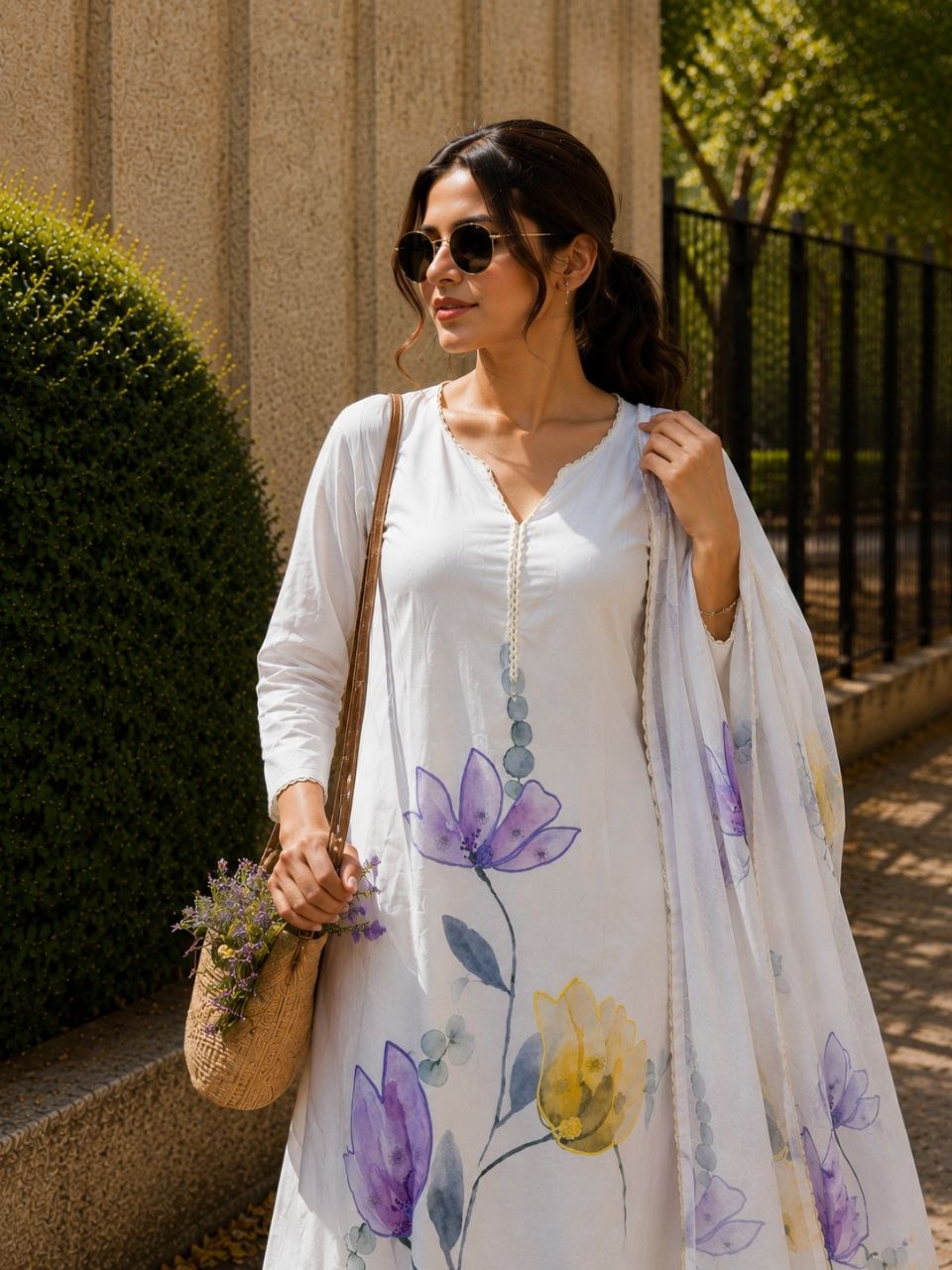 Pure Mul Mul Lilan Kurti Set with Pant & Dupatta .Handwork Ethnic Wear for Women
