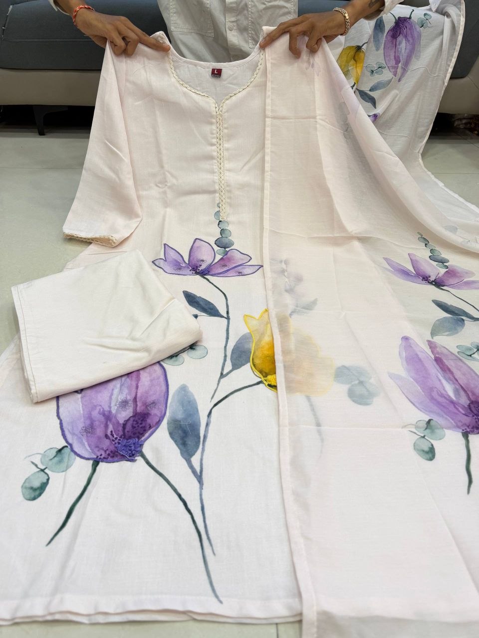 Pure Mul Mul Lilan Kurti Set with Pant & Dupatta .Handwork Ethnic Wear for Women