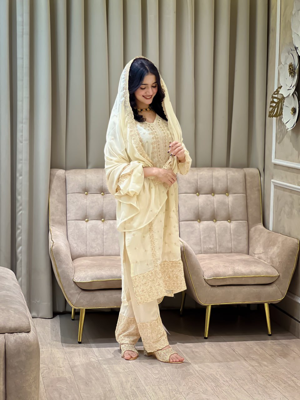 Faux Georgette Embroidered Kurta Set with Pant and Dupatta