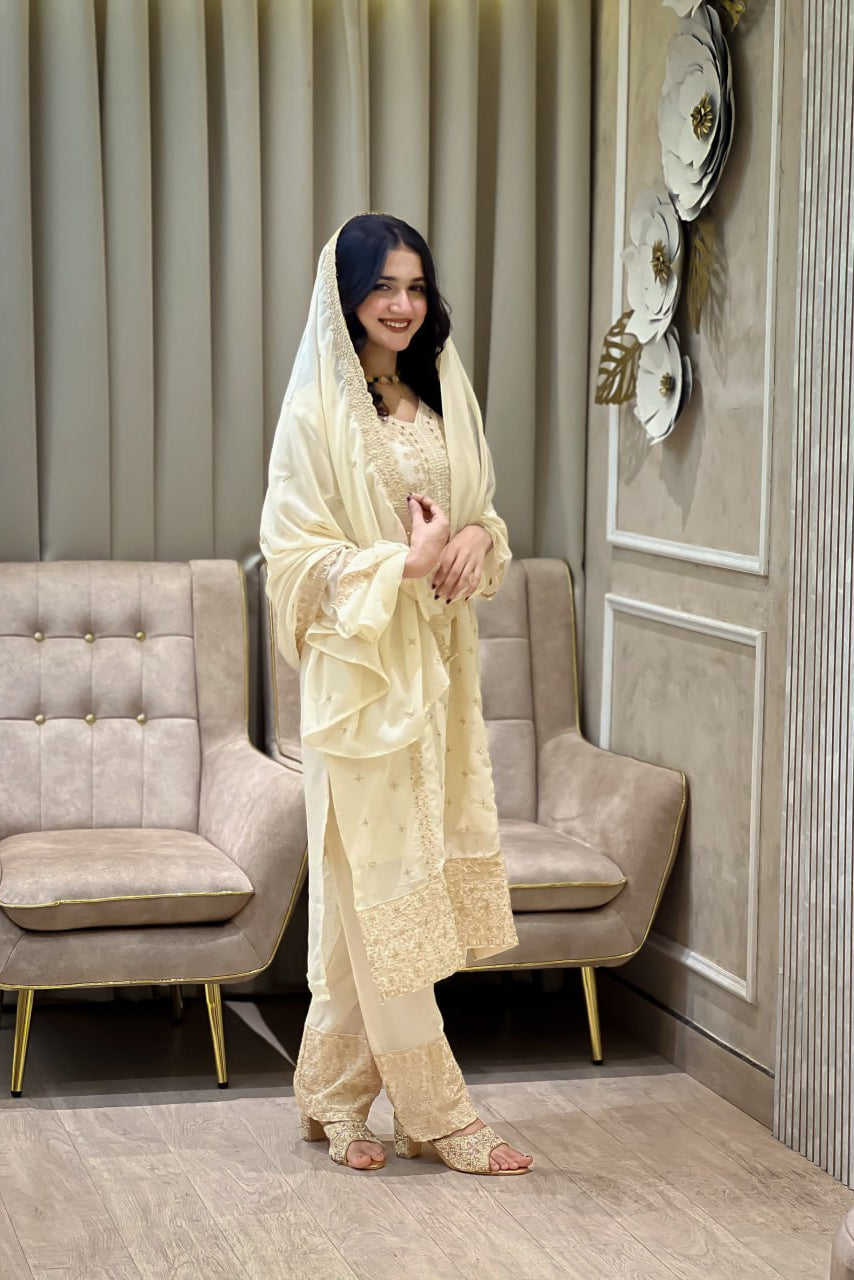 Faux Georgette Embroidered Kurta Set with Pant and Dupatta
