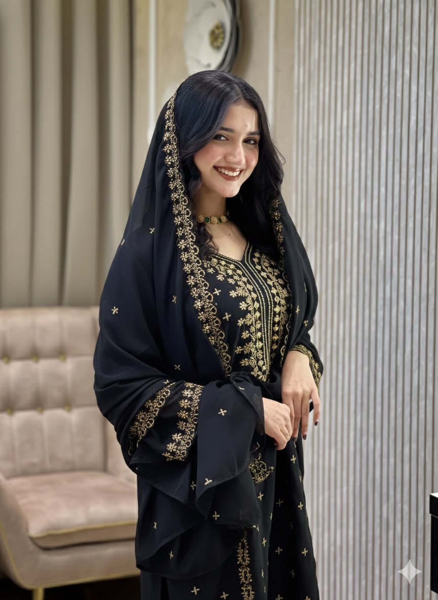 Faux Georgette Embroidered Kurta Set with Pant and Dupatta