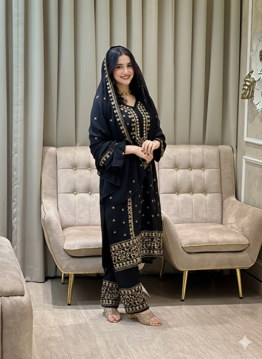 Faux Georgette Embroidered Kurta Set with Pant and Dupatta