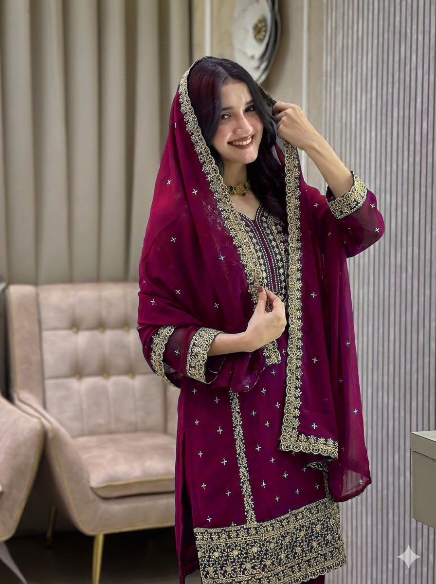 Faux Georgette Embroidered Kurta Set with Pant and Dupatta