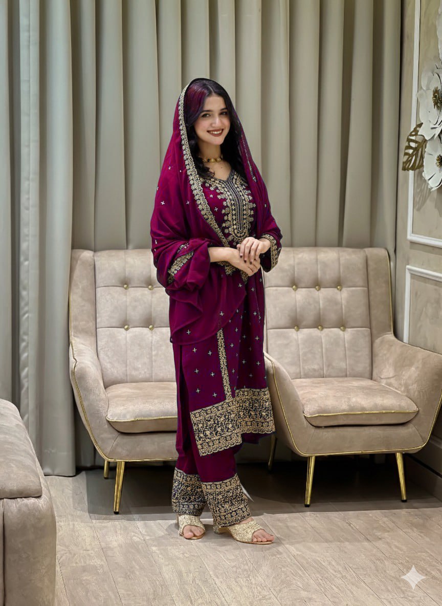 Faux Georgette Embroidered Kurta Set with Pant and Dupatta