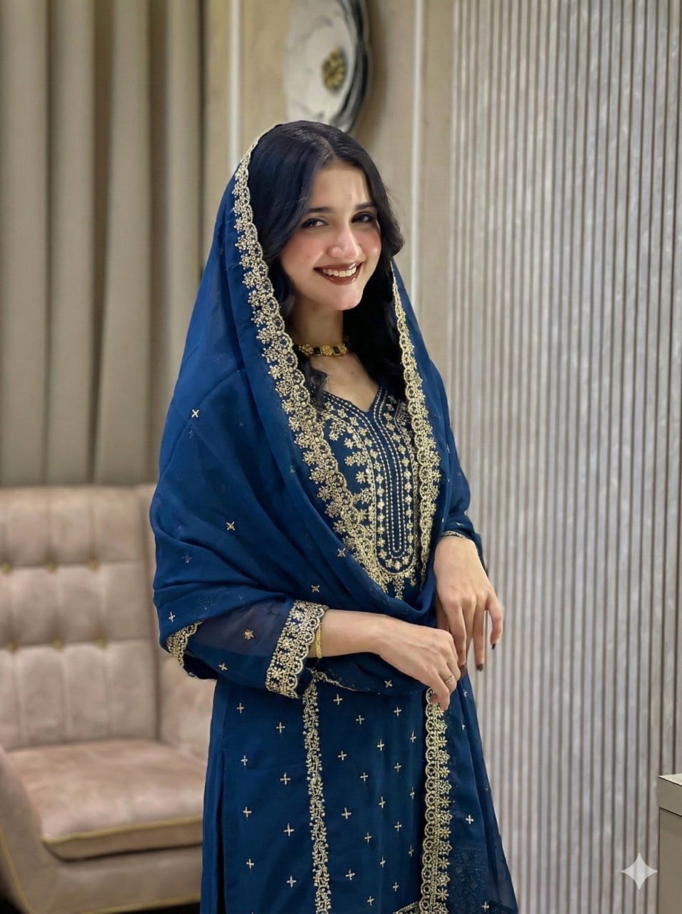 Faux Georgette Embroidered Kurta Set with Pant and Dupatta