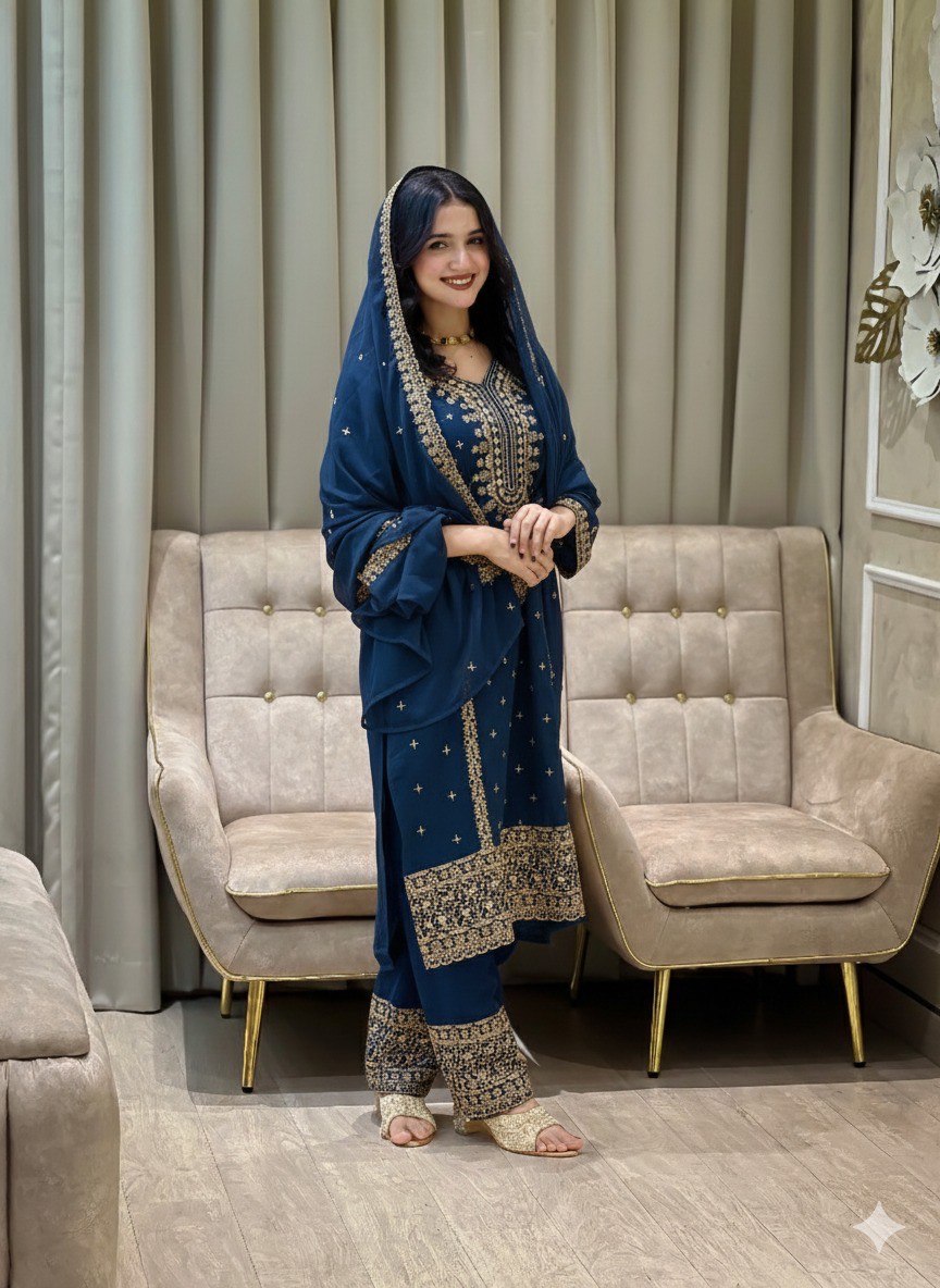 Faux Georgette Embroidered Kurta Set with Pant and Dupatta