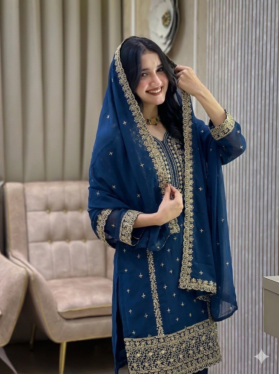 Faux Georgette Embroidered Kurta Set with Pant and Dupatta