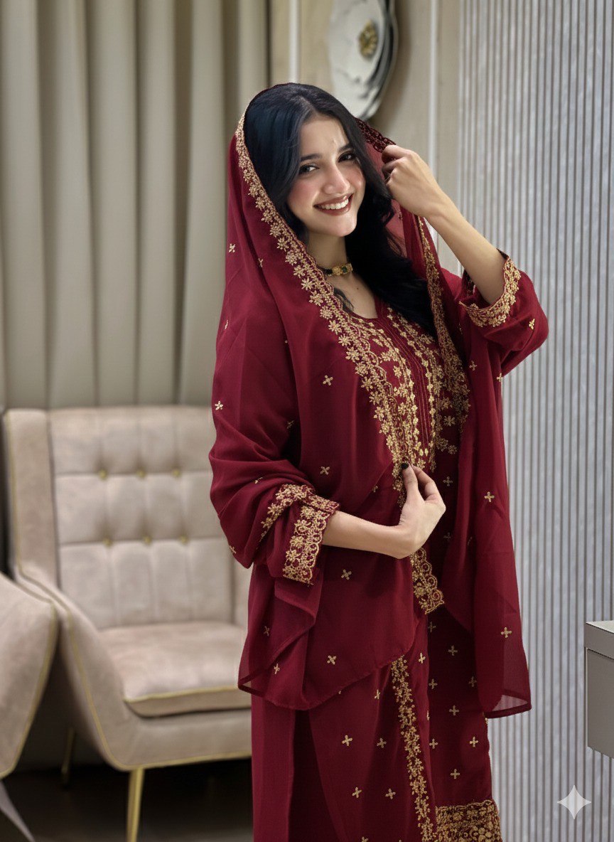 Faux Georgette Embroidered Kurta Set with Pant and Dupatta