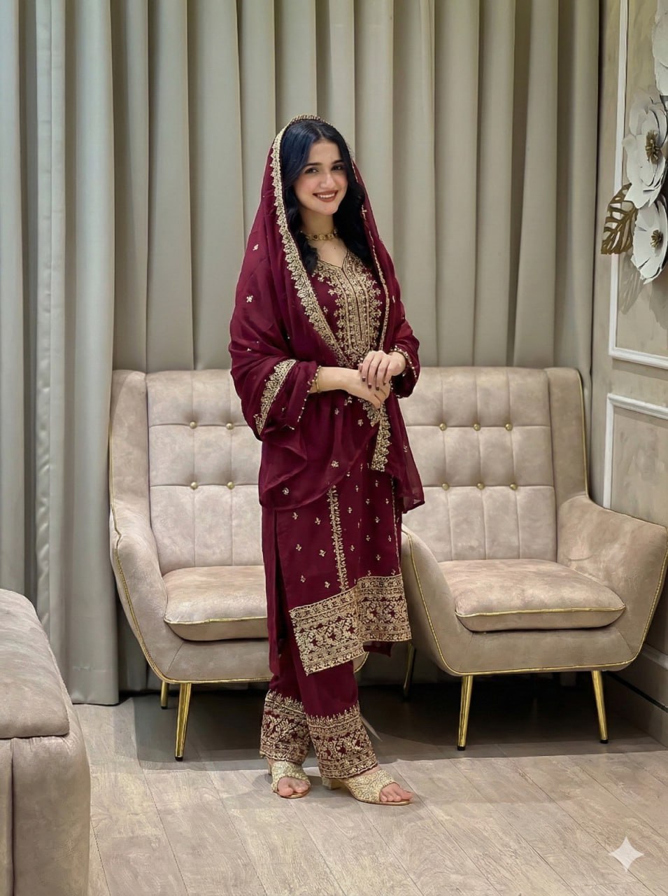 Faux Georgette Embroidered Kurta Set with Pant and Dupatta