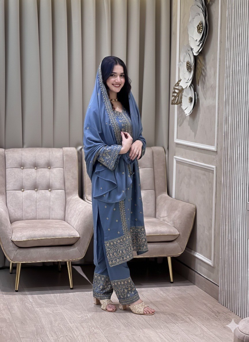 Faux Georgette Embroidered Kurta Set with Pant and Dupatta