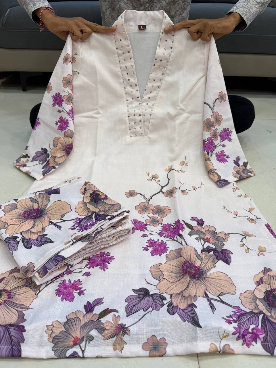 Pure Lilan Cotton Kurti Pant Set for Women | Hand Embroidered Ethnic Wear