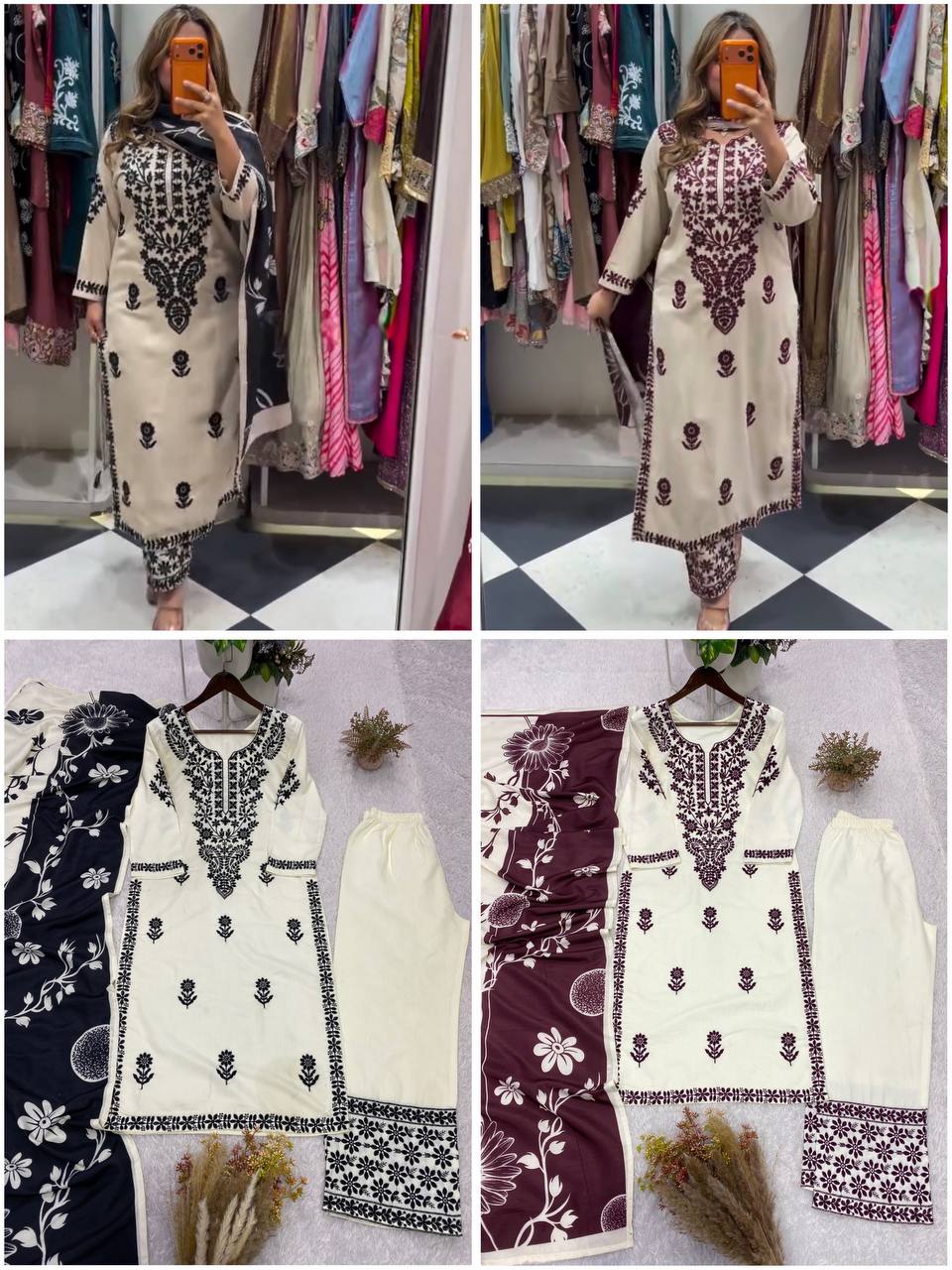 Embroidered Rayon Slub Kurti Palazzo Set with Printed Dupatta for Women