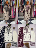 Embroidered Rayon Slub Kurti Palazzo Set with Printed Dupatta for Women