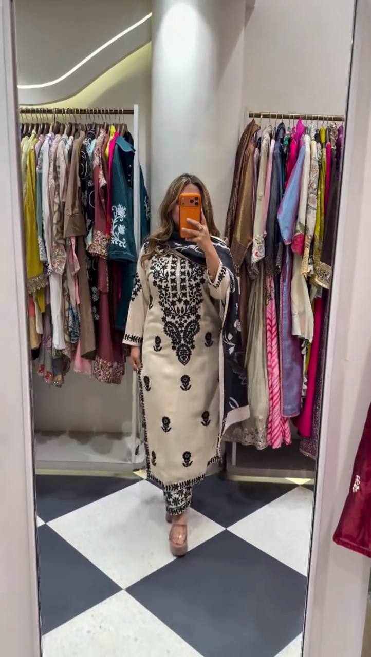 Embroidered Rayon Slub Kurti Palazzo Set with Printed Dupatta for Women