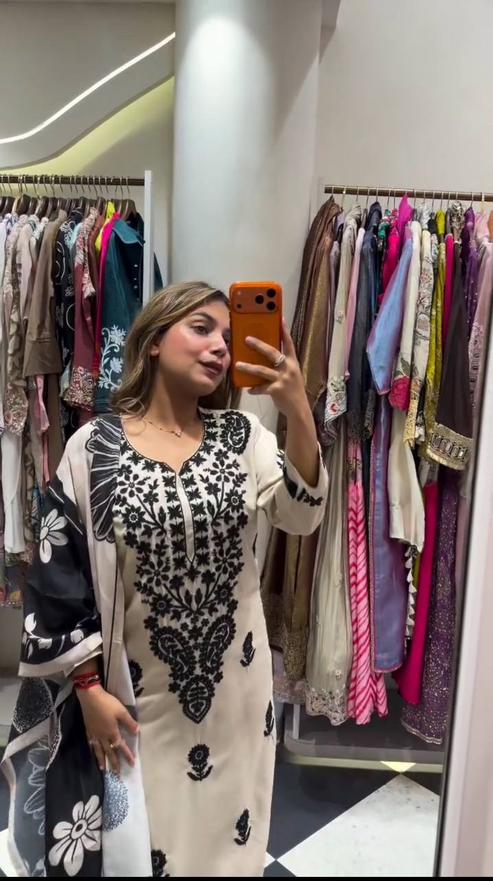 Embroidered Rayon Slub Kurti Palazzo Set with Printed Dupatta for Women