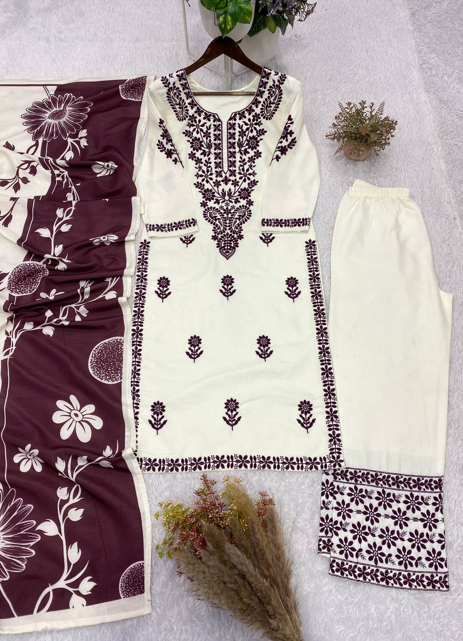 Embroidered Rayon Slub Kurti Palazzo Set with Printed Dupatta for Women