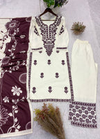 Embroidered Rayon Slub Kurti Palazzo Set with Printed Dupatta for Women