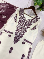 Embroidered Rayon Slub Kurti Palazzo Set with Printed Dupatta for Women