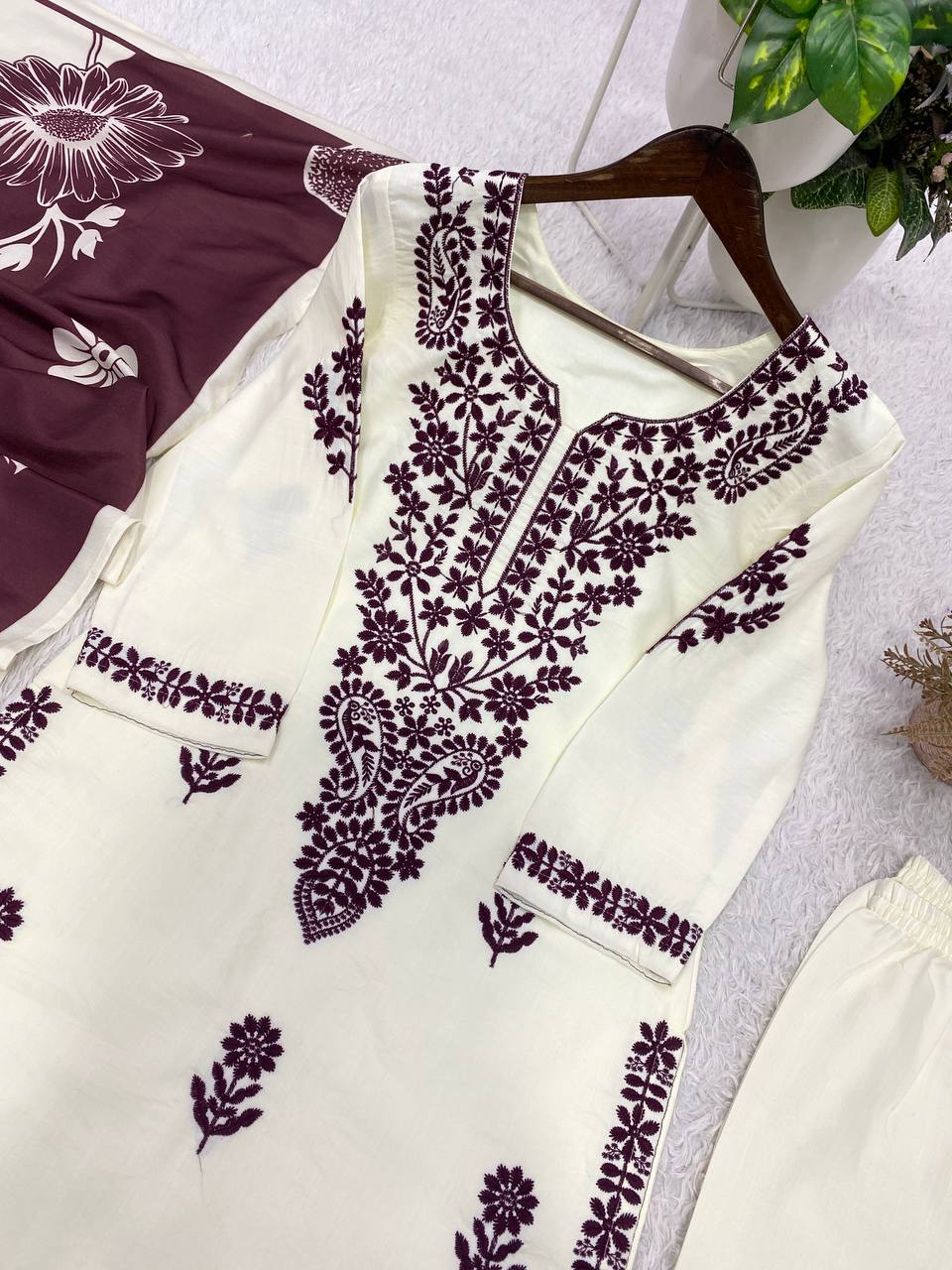 Embroidered Rayon Slub Kurti Palazzo Set with Printed Dupatta for Women