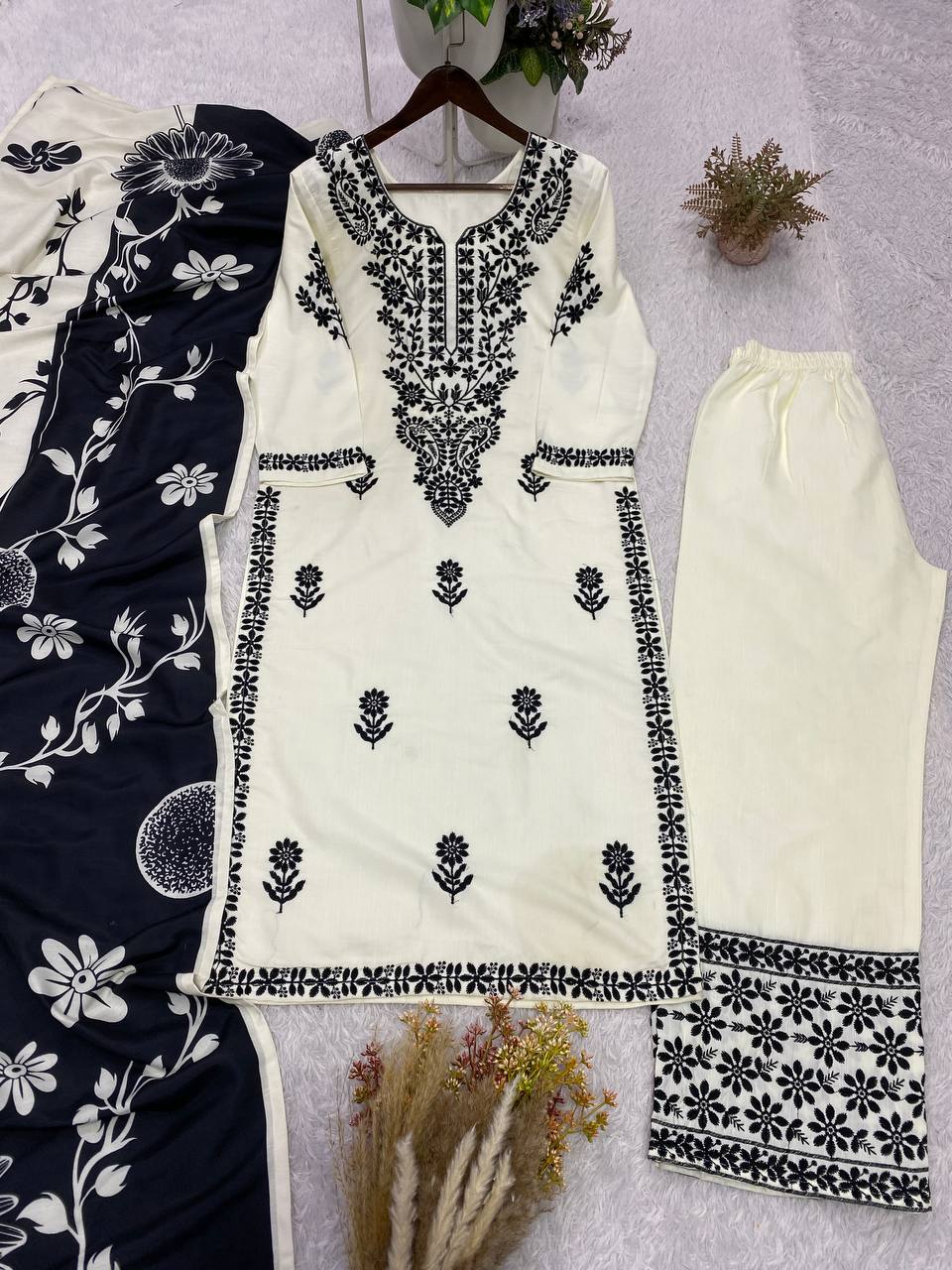 Embroidered Rayon Slub Kurti Palazzo Set with Printed Dupatta for Women