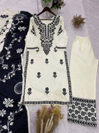 Embroidered Rayon Slub Kurti Palazzo Set with Printed Dupatta for Women