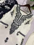 Embroidered Rayon Slub Kurti Palazzo Set with Printed Dupatta for Women