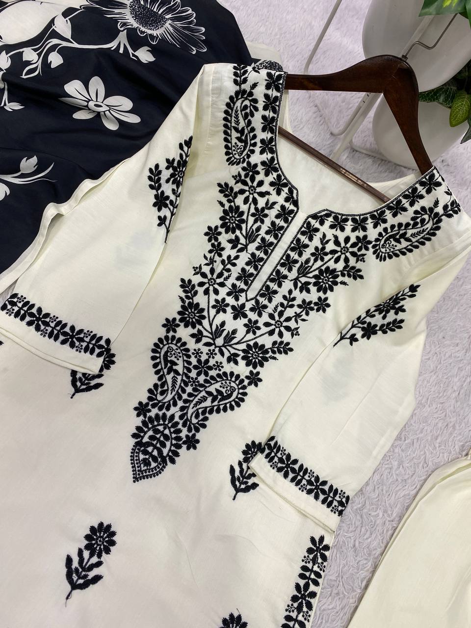 Embroidered Rayon Slub Kurti Palazzo Set with Printed Dupatta for Women