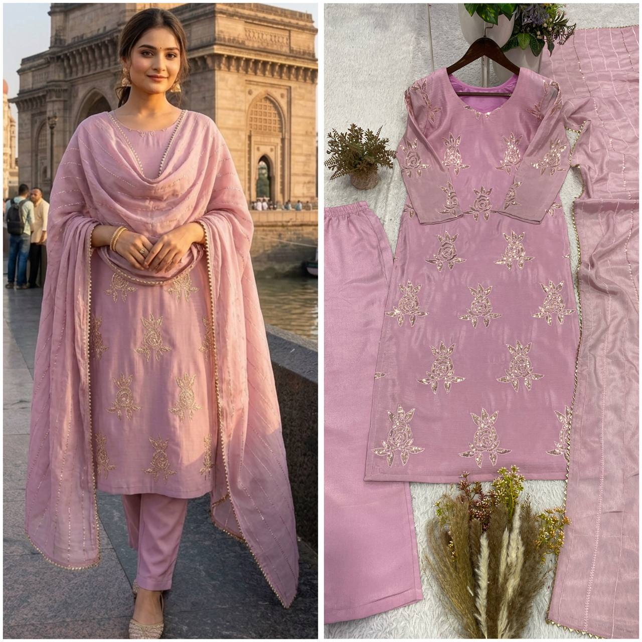 Party Wear Chinon Embroidered Kurti Pant Set with Dupatta